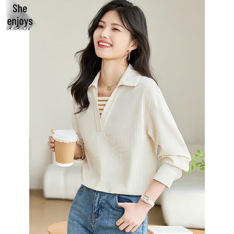 Women s V-Neck Faux Two-Piece Long Sleeve Shirt M