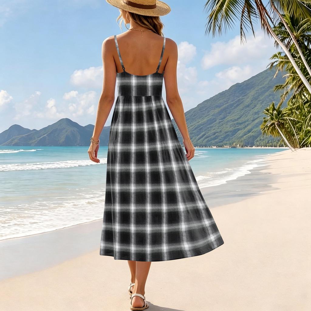 Women’s Plaid Print Adjustable Strap Sleeveless Bohemian Style Casual Beach Holiday Midi Sundress with Pocket