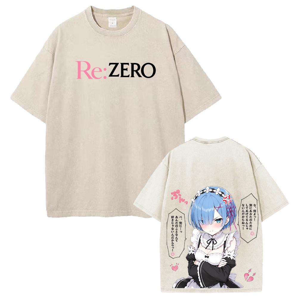 Cute Rem Re:ZERO Anime Printed T-shirt Harajuku Vintage Washed T Shirt Men Clothing Oversized Short Sleeve Cotton Tees Tops
