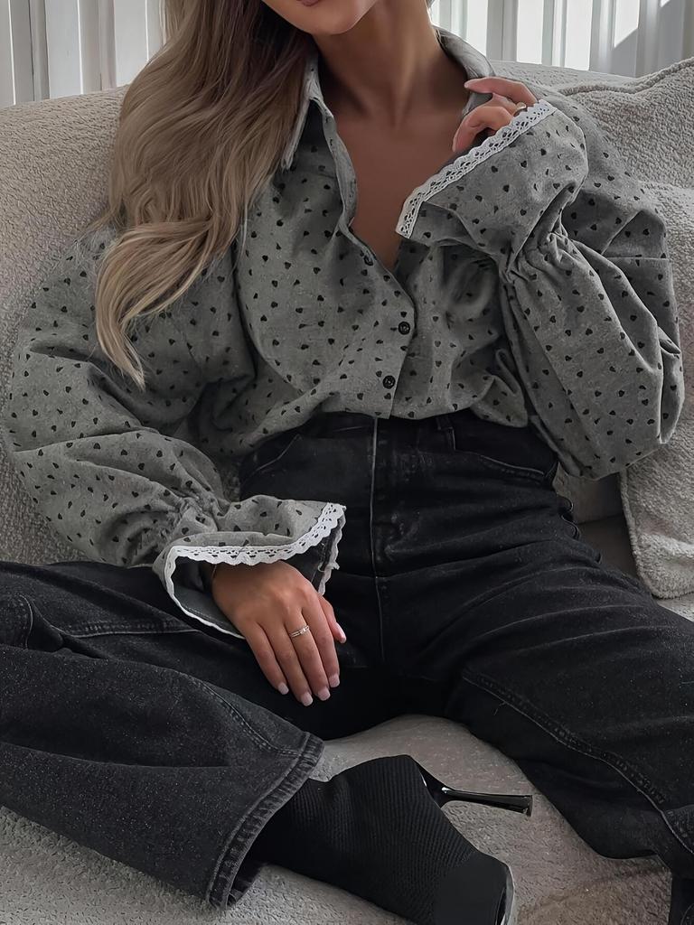 Love Heart Polka Dot Lantern Sleeve Women's Casual Shirt - European American Style