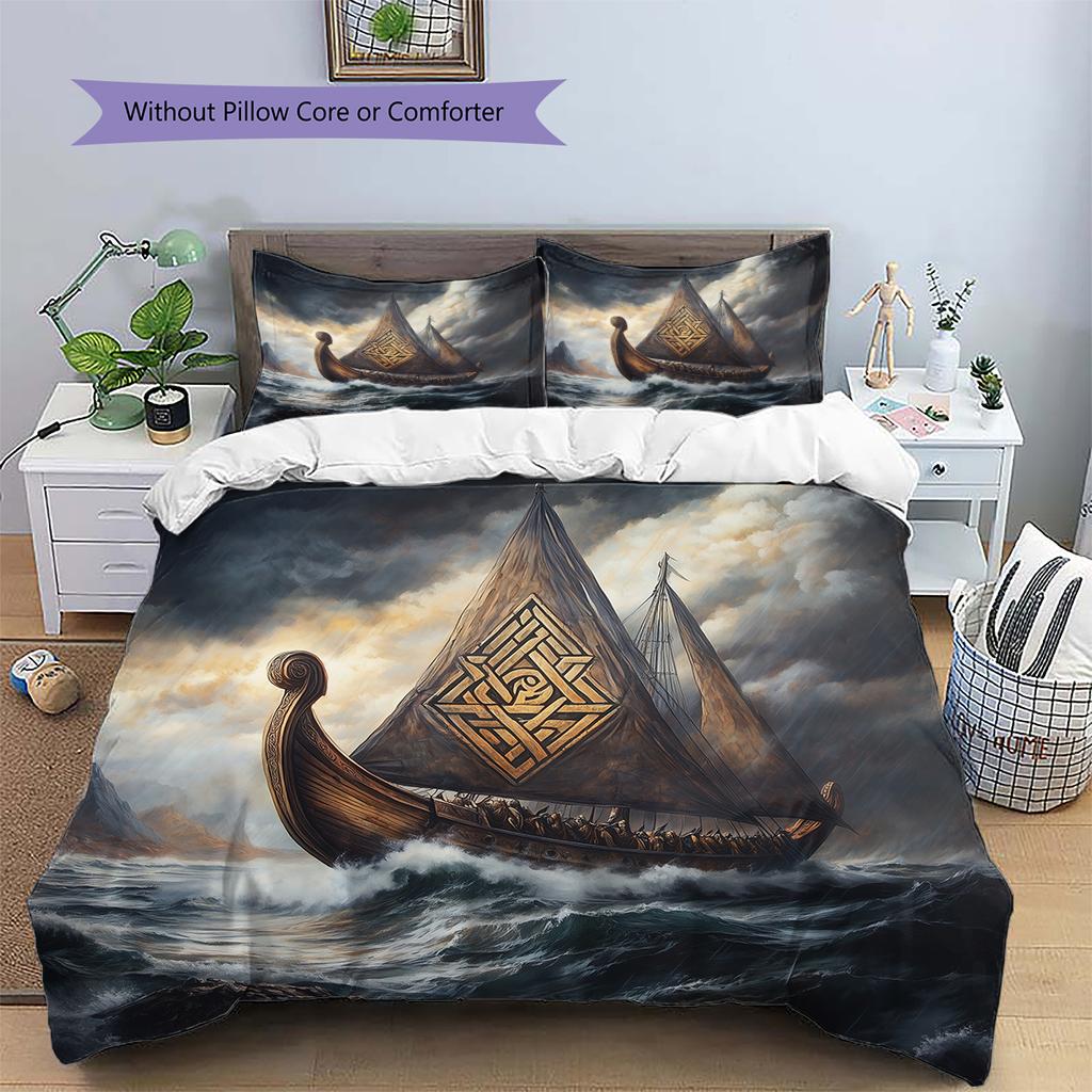 Viking Longship Pattern Bedding Home Decoration Birthday Gift (1 * duvet cover + 2 * pillowcase, without core)