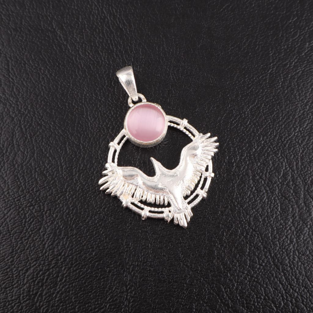 Rare Pink Cat's Eye Gemstone 925 Sterling Silver Jewelry Handmade Pendant 1.43" CP-38-48