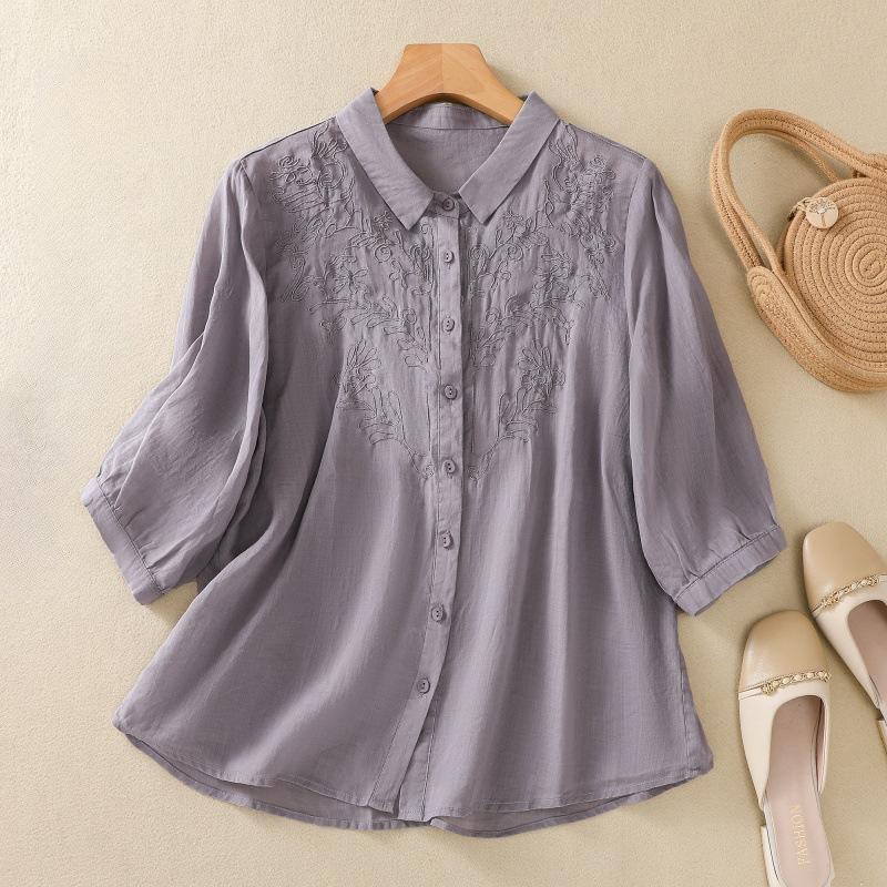 Summer Literature Loose Solid Color Heavy Embroidery Flower Short Sleeved Shirt Women's Shirt Top Blouses & Shirts