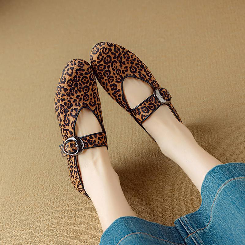 Krazing Pot Piele de Oaie Suedeză Vară Mărimea 40 păr de cal leopard mary janes Tocuri Joase vârf rotund Balerini eleganți decupați