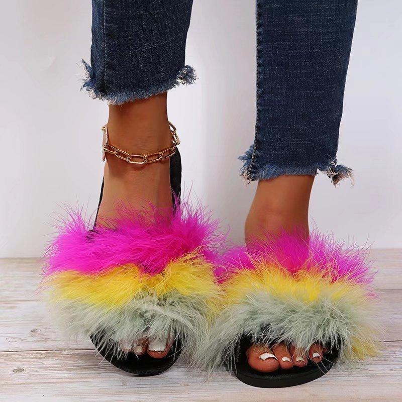 Fashion Mix Color Faux Fur Cotton Slippers for Women Fashion Open Toe Flats Slippers Woman Indoor Lightweight Non Slip Plush Slides Lady