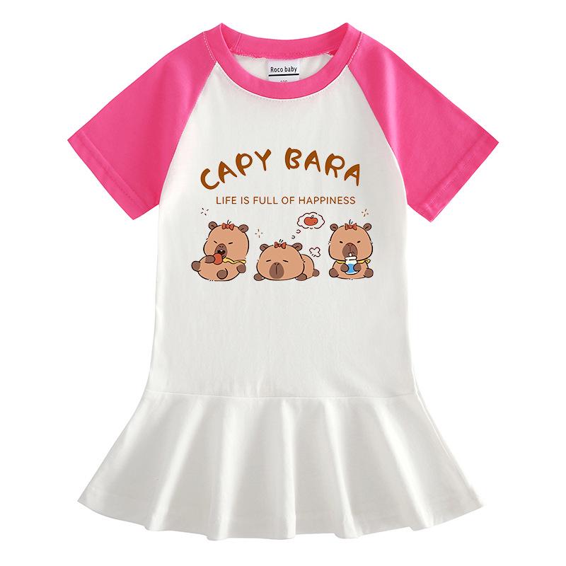 Summer Cartoon Color Block Raglan Dress for Baby Girls - Short Sleeve with Ruffled Pleated Skirt