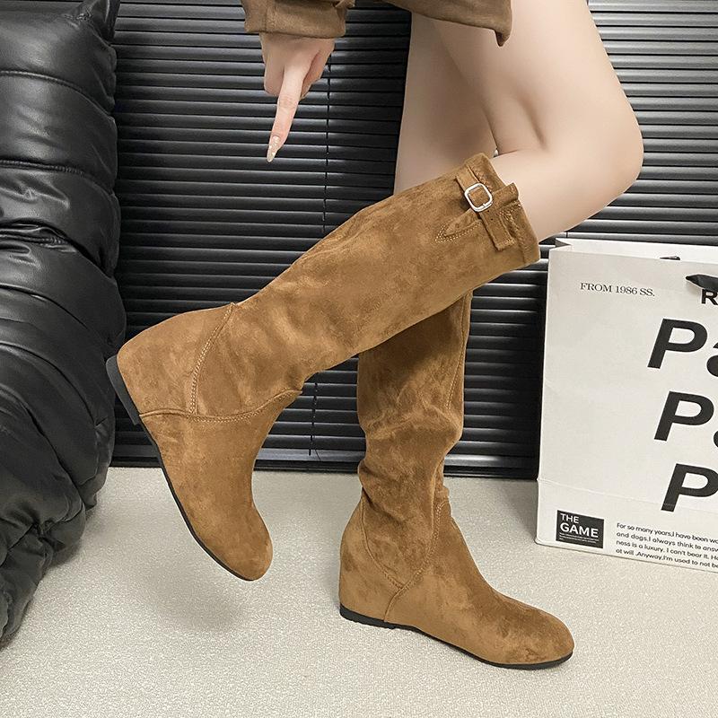 Weiches Leder faule Winter elegante Stapelstiefel Französische dünne hohe Stiefel dicker Absatz Wildleder Fee Wind Stiefel