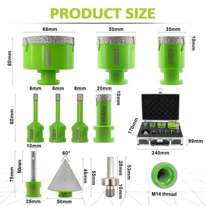 Foret diamant carrelage - g - 10 pièces - adaptateur m14 - diamètres 66-68-203-550mm - doigt 10mm