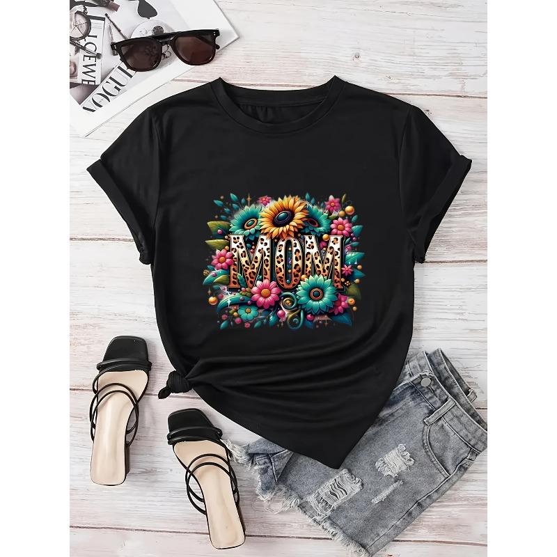 Europeisk Storlek Plus Size Dam Happy Mother's Day Grafisk T-shirt med Blommig & Leopardmönsterdesign, Lätt Andningsbar Avslappnad Vår Sommar T-shirt
