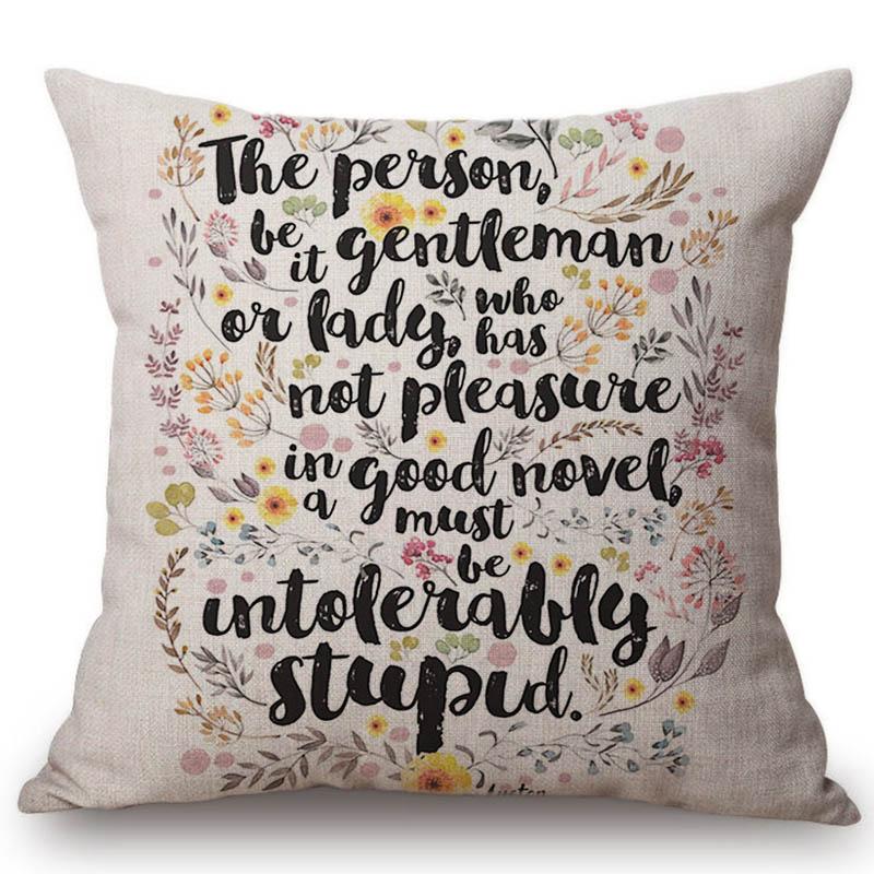 18" Square Floral Jane Austen Quotation Letter Print Sofa Throw Pillow Cover Case Cotton Linen Nordic Masterpiece Cushion Cover
