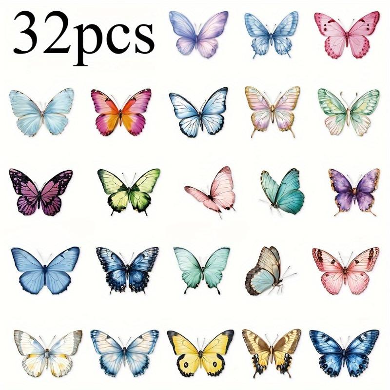32 Pcs/Box Vibrant Butterfly Stickers - Waterproof PET Adhesive for Laptops Scrapbooks Transparent Colorful Decorative Stickers.