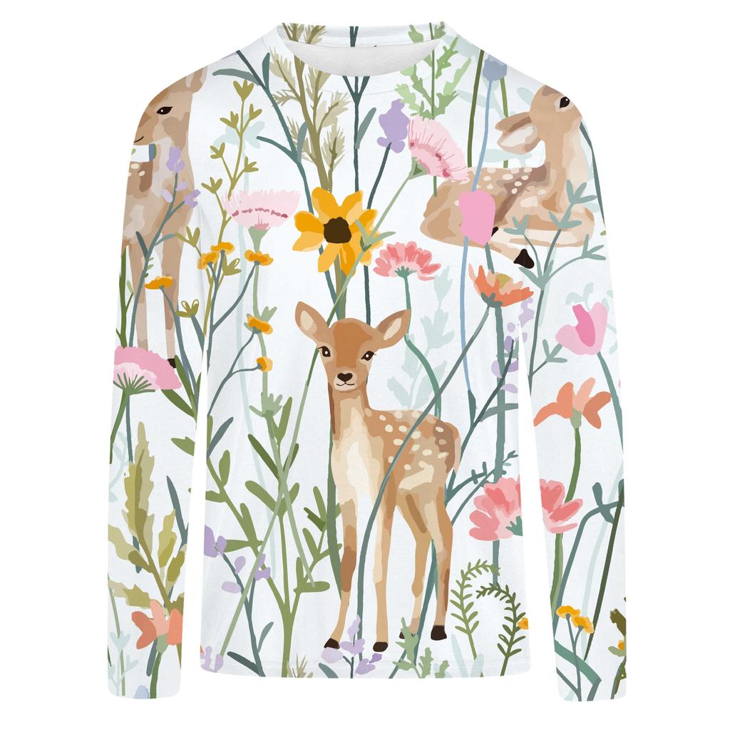 Spring and Autumn Cartoon Cute Sika Deer Pattern 3D Printed Top for Women's Casual Long Sleeve T-shirts