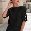 ZANZEA Women Casual Round Neck Solid Color Half Sleeve Blouse