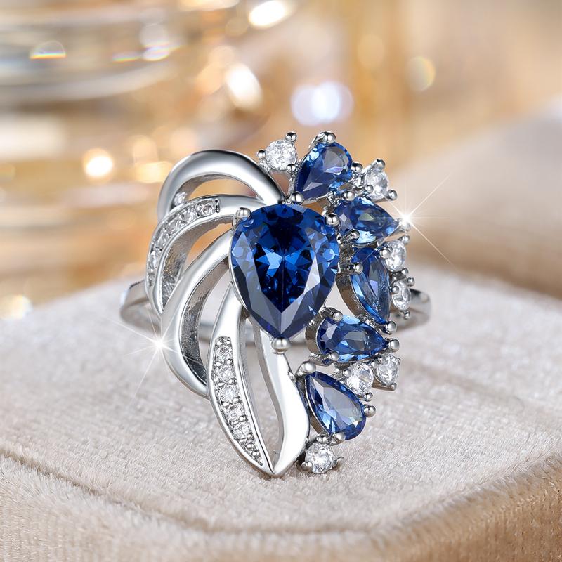 Luxury Blue Crystal Flower Rings for Women Elegant Cubic Zirconia Engagement Jewelry Accessories