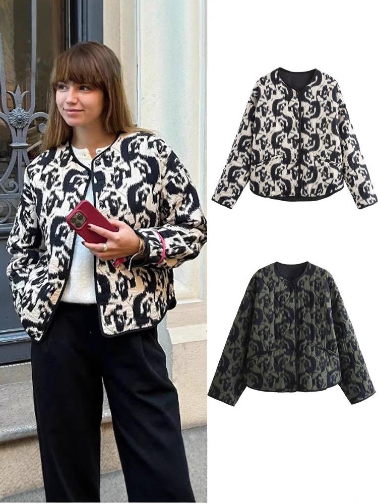 Autumn Retro Women's Fashion Loose Long Sleeve Printed Cotton-Padded Jacket