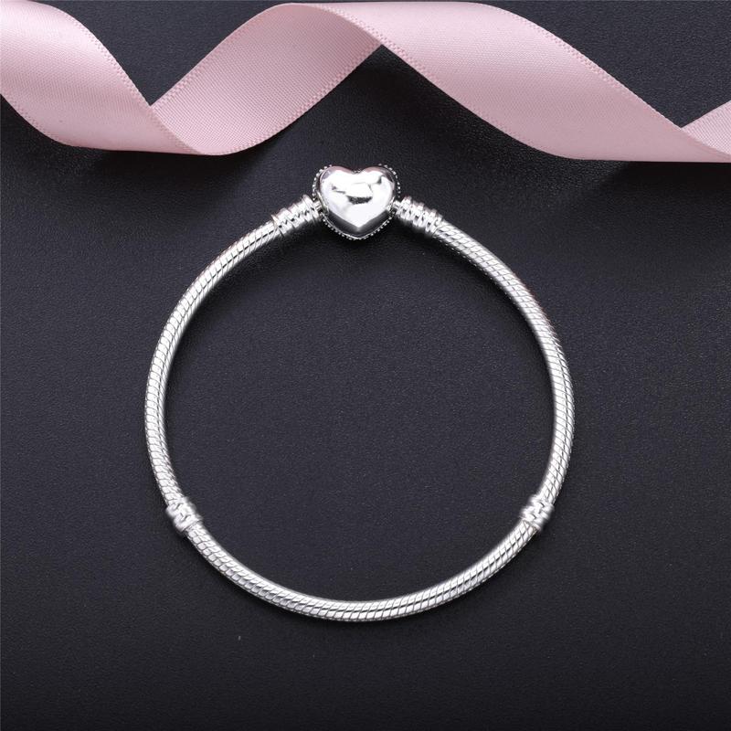 Big Sale Fine DIY Bracelet Bangle for Women Original 100% 925 Sterling Silver Heart Clasp Snake Chain Fit Bead Bracelet Jewelry