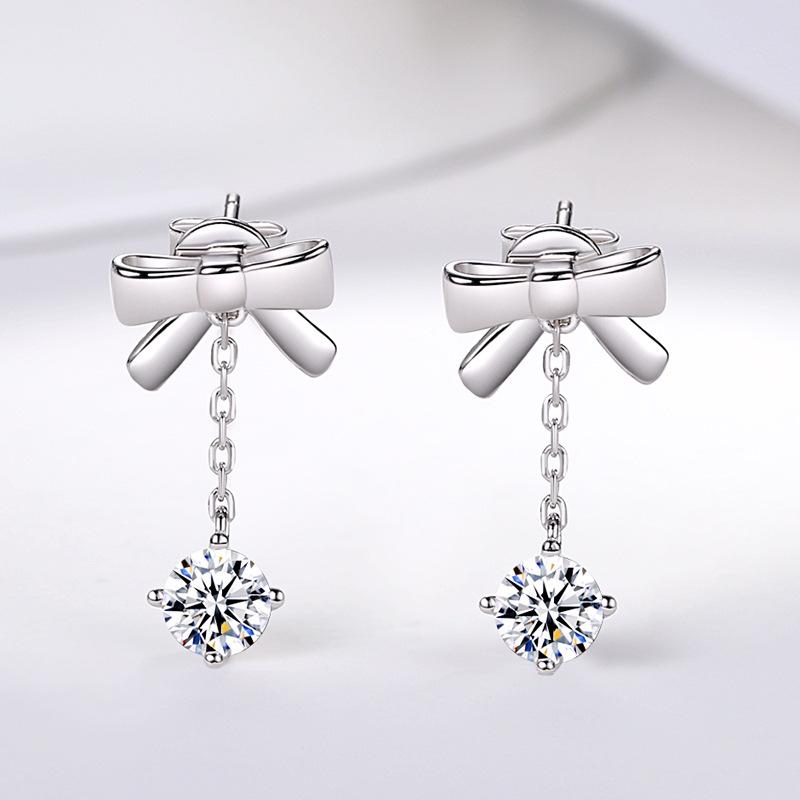 Sweet Dripping Bowknot 0.5 Carat Moissanite Earrings for Women Exquisite Long Tassel Fashion Studs with Dignified Temperament