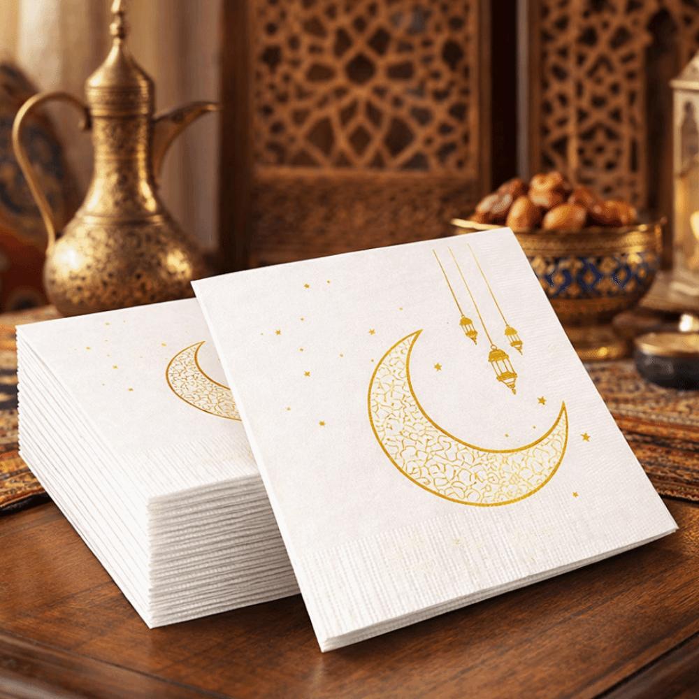 25Pcs Moon Printed Ramadan Party Napkins White Gold Islamic Tableware Paper Eid Celebrations