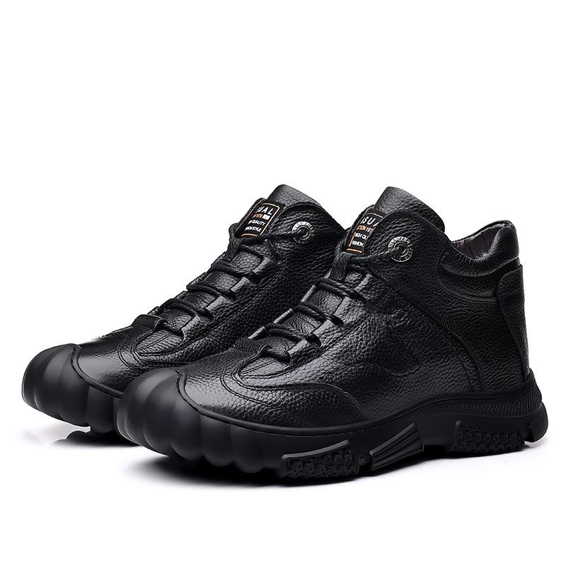 The first layer of cowhide velvet casual cotton boots is in stock for winter warm front strap side zipper real hair inner men's cotton shoes