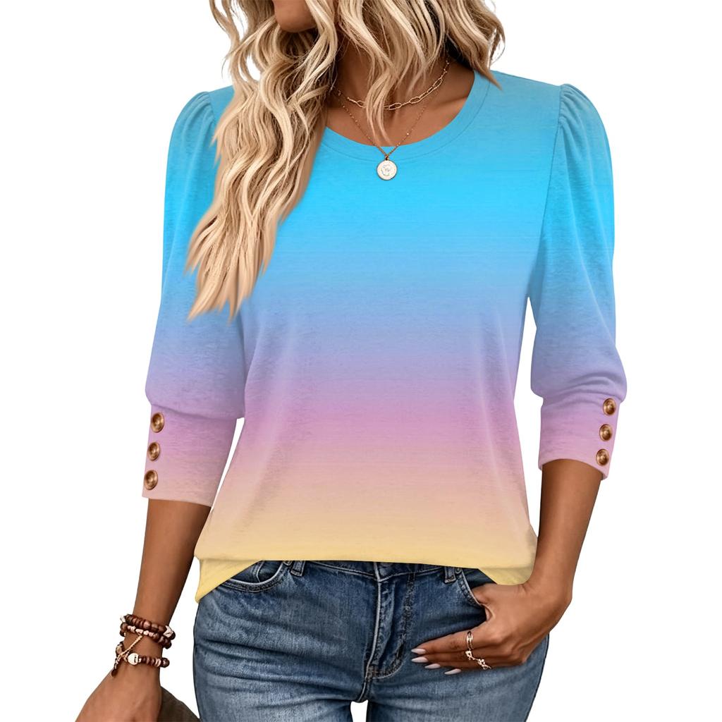 Women's Fashion Three-Quarter Sleeve Crewneck T-Shirt Casual Top for Everyday Wear