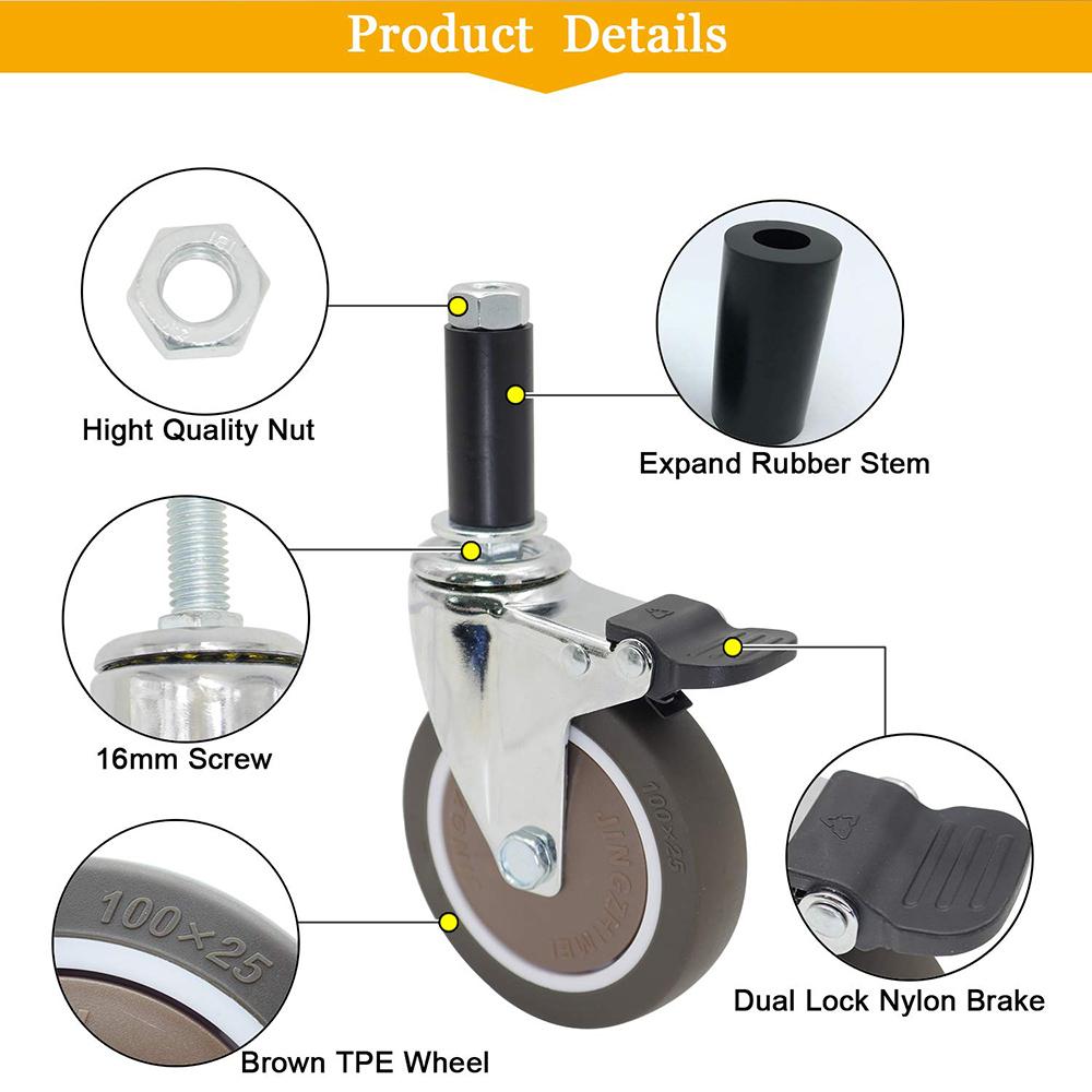 4 bucăți roți extensibile, roți din cauciuc TPE rulment cu bile încorporat pentru mesele de pregătire pentru bucătărie comercială cu tub rotund de 22-28 mm