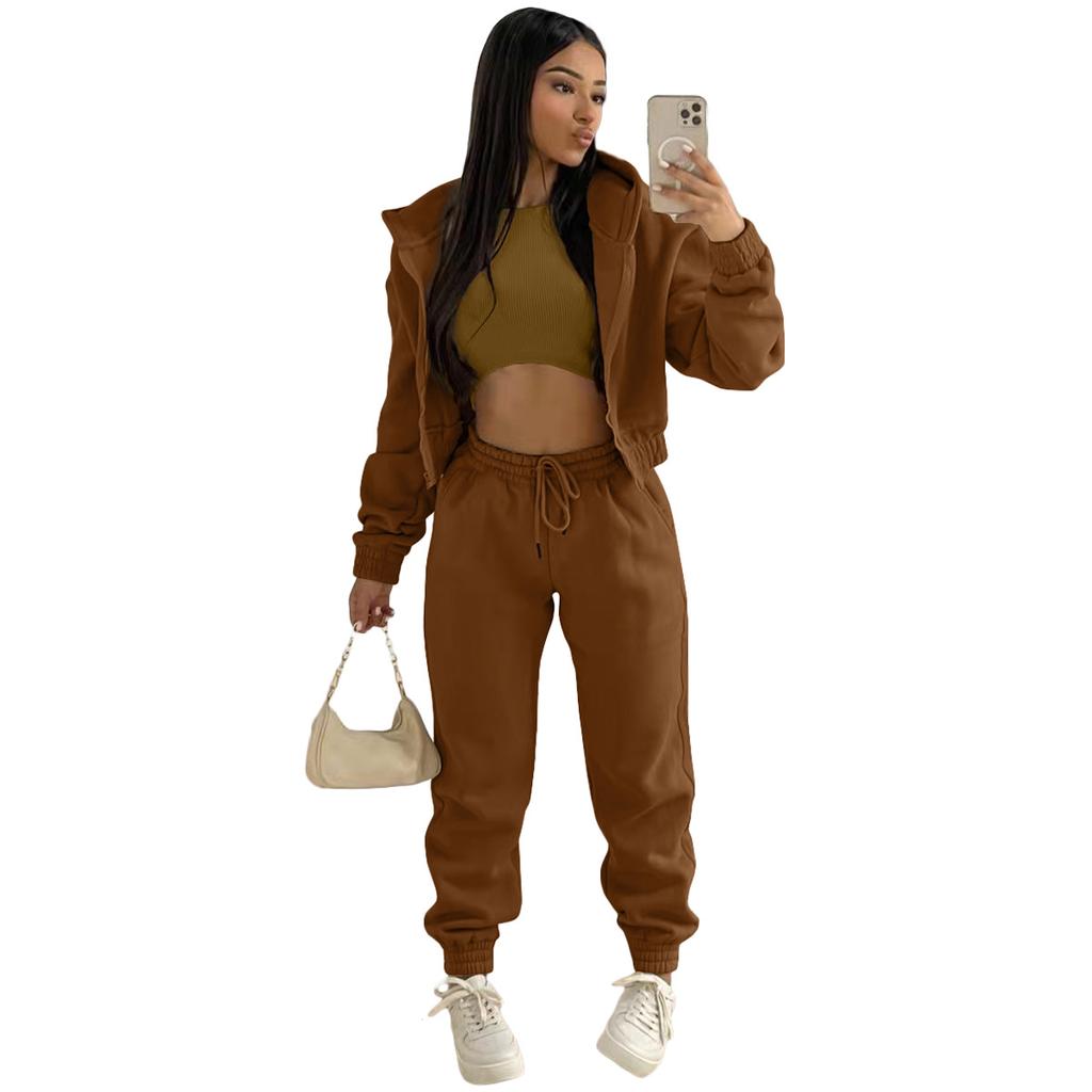 Women's Casual Tracksuit Autumn Winter Top Vest Pant Set Solid Color Zipper Plus Size Sexy Casual Loose Outfits for Women Outfit
