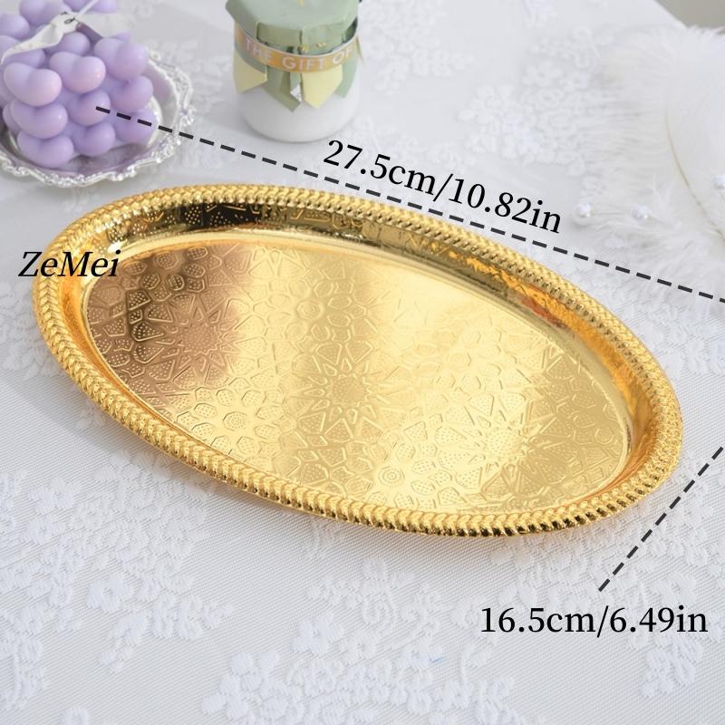 European-Style Elliptical Fruit Plate, Exquisitely Carved Flower Texture Metal Cake Tray, Home Dessert Snack Plate Decoration 27.5cm