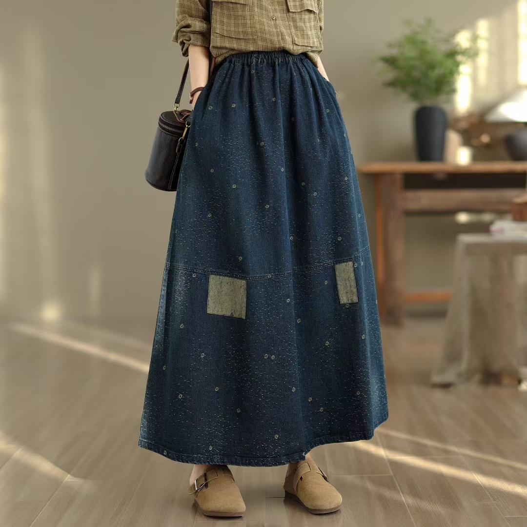 

DIMANAF 2025 Summer Spliced Denim skirt Women New Skirts Elastic Elegant Flower Pleated Skirts High Waist one size