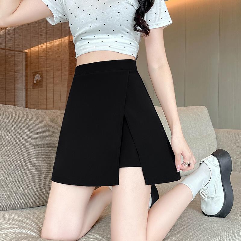 

Plus Size Black High Waist Irregular A-Line Midi Skirt - Summer 2025 Slimming Slit Design M: 100-110 jin чёрный