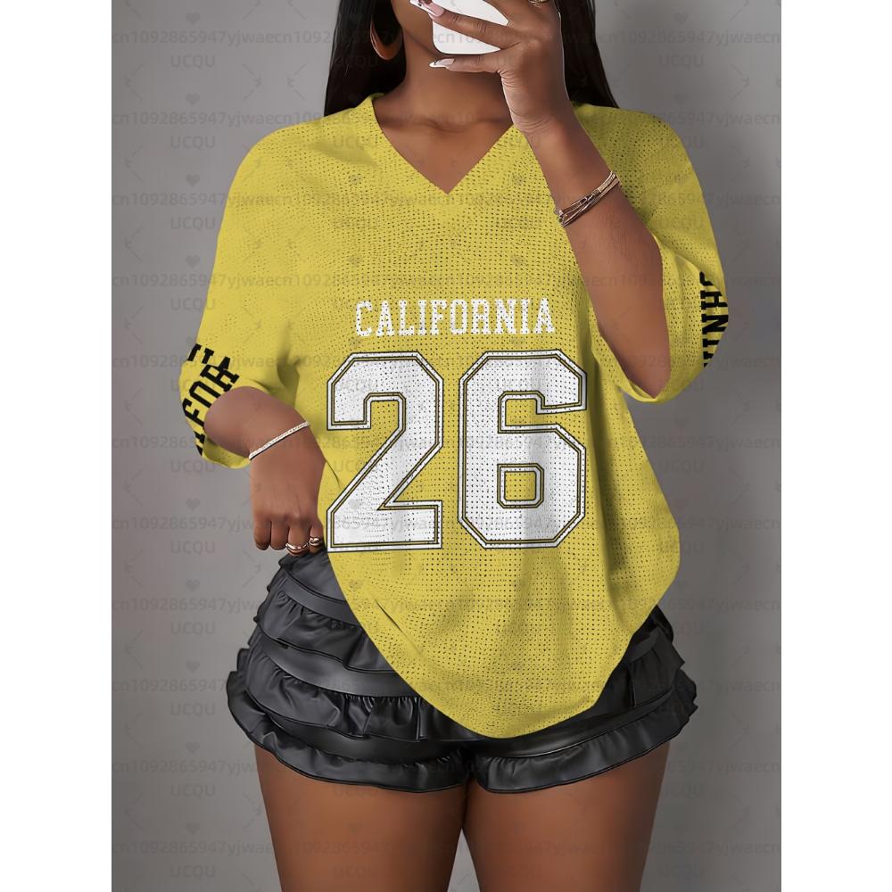 Women's California NO.26 Print V-Neck Short Sleeve T-Shirt Summer Graphic Tee Hole Mesh Jerseys Plus Size Sport T-Shirt