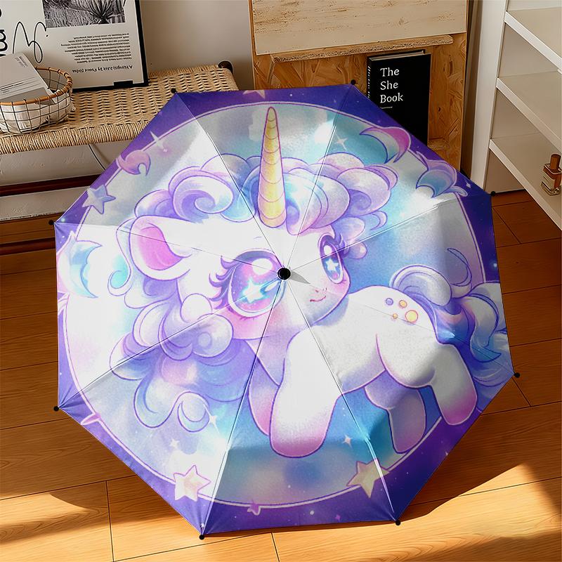 1pc Cartoon cute fantasy unicorn Umbrella Portable Folding Umbrella Iron Frame Hole Bone Structure Outdoor Home Umbrella