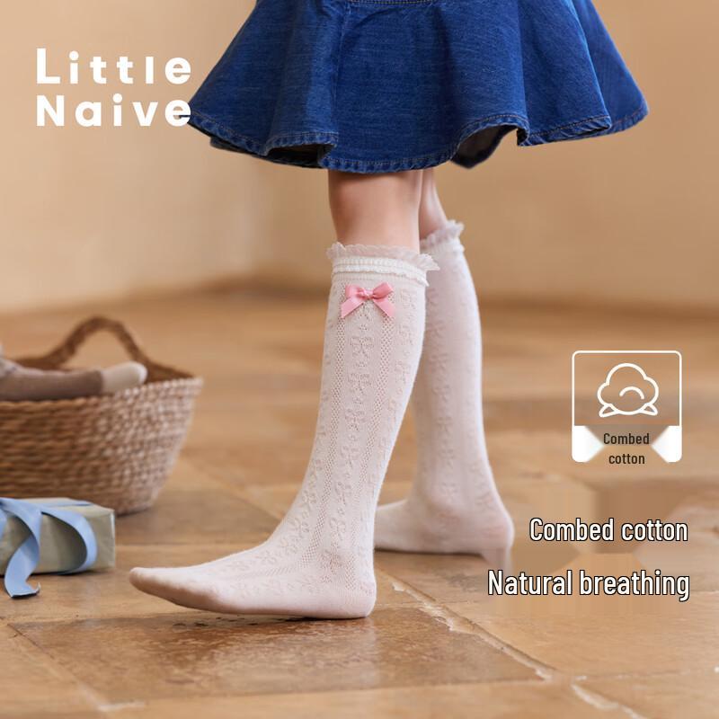 Little Naive Girl s Bowknot Jacquard Antibacterial Mid-Calf Socks 10+ Years (17-18cm)