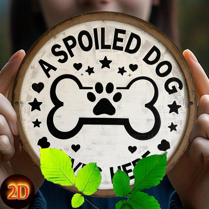 Metal Round Sign with 2D Flat Print - Dog Bone and Paw Design - Perfect for Door, Wall, Porch, Garden, Bar, and Café Decor