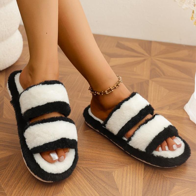 Fashion Indoor Furry Warm House Slippers Women Chic Mix Color Cotton Slides Woman Autumn Winter Open Toe Non Slip Plush Slippers Ladies