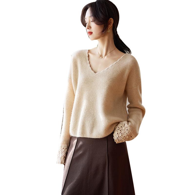 Early Autumn V-Neck Crochet Lace Wool Sweater – 100% Wool, Loose Fit, Long Sleeve for Women