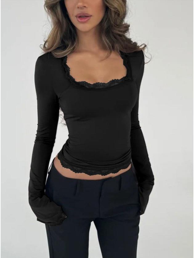 2025 Autumn/Winter Sexy Long-Sleeved Ribbed Lace-Trim U-Neck Top