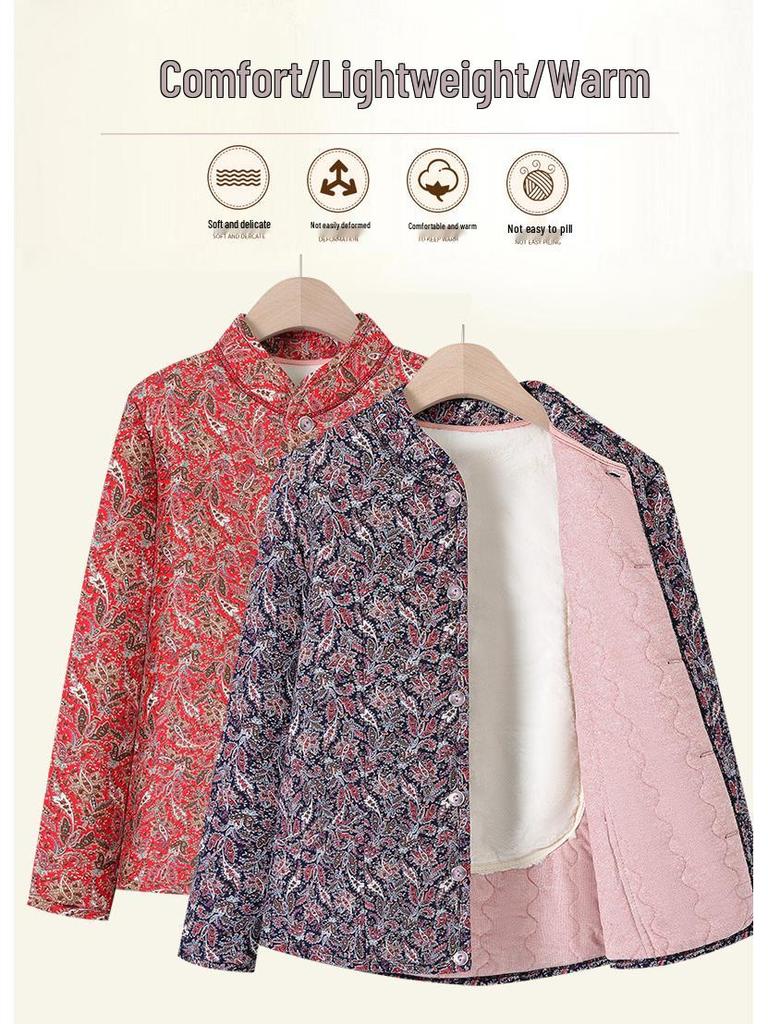 Grandma's Winter Floral Cotton Jacket with Velvet Lining - Warm, Thickened, Small Size for Elderly Women