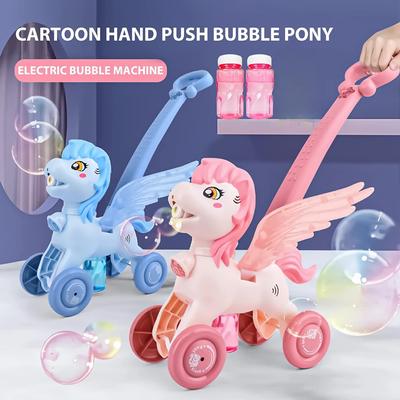 Machine à Bulles Poney pour Enfants Tondeuse à Bulles Automatique avec Lumière & Musique Chariot à Bulles Jouets à Pousser d'Extérieur pour Cadeau d'Anniversaire