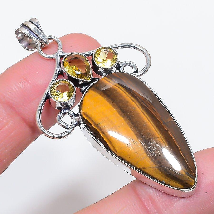 

Natural Tiger Eye, Citrine 925 Sterling Silver Jewelry Pendant 2.56 f4V06
