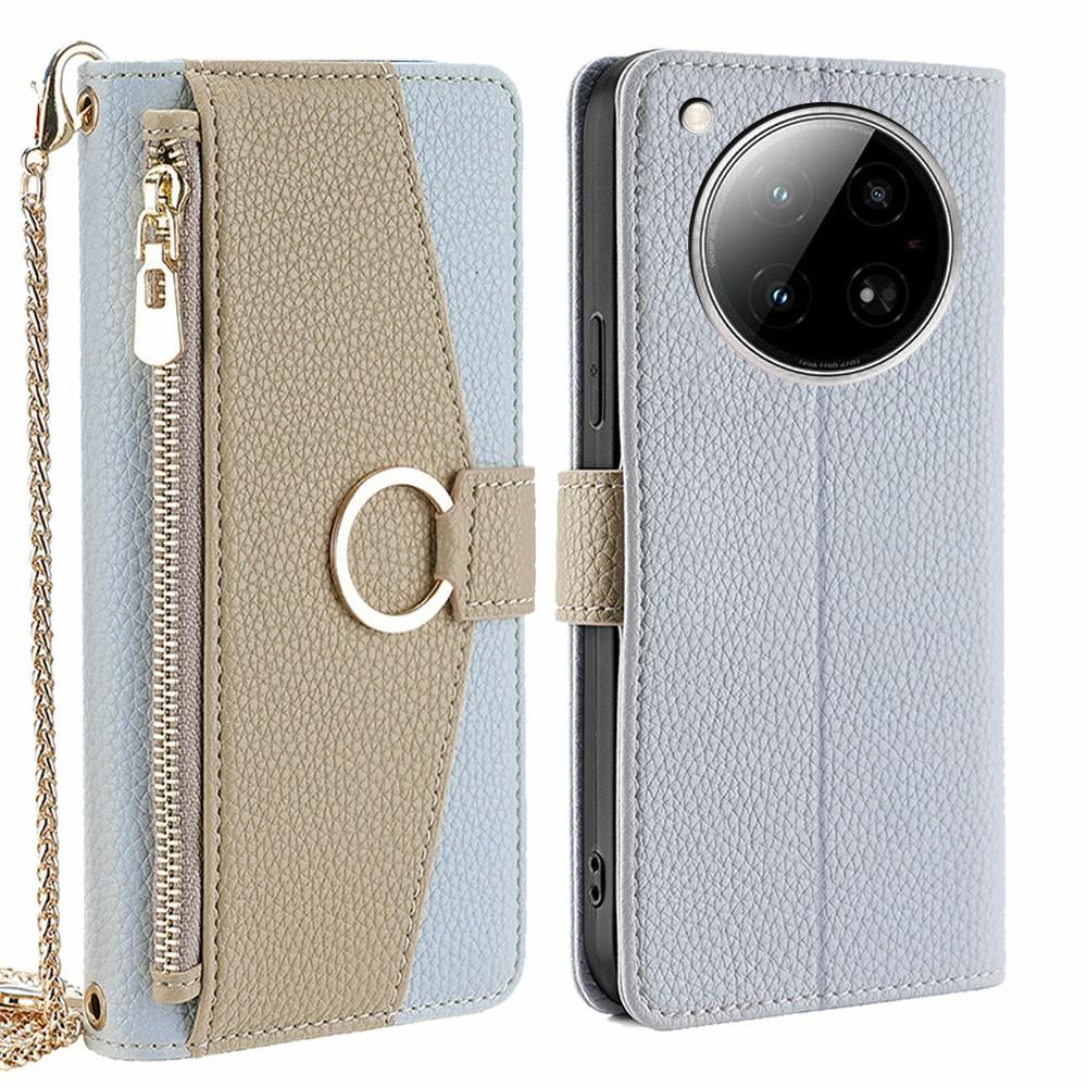 

For Infinix Zero 40 4G Case Mirror Wallet Leather Phone Cover with Chain Shoulder Strap Blue