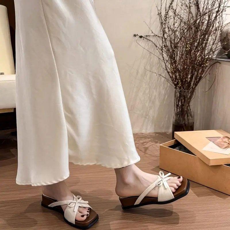 Korean Fashion Bow Wedge Slippers Female 2025 Summer New Retro Open-toed Fairy Wind Thick-bottomed Cool Slippers