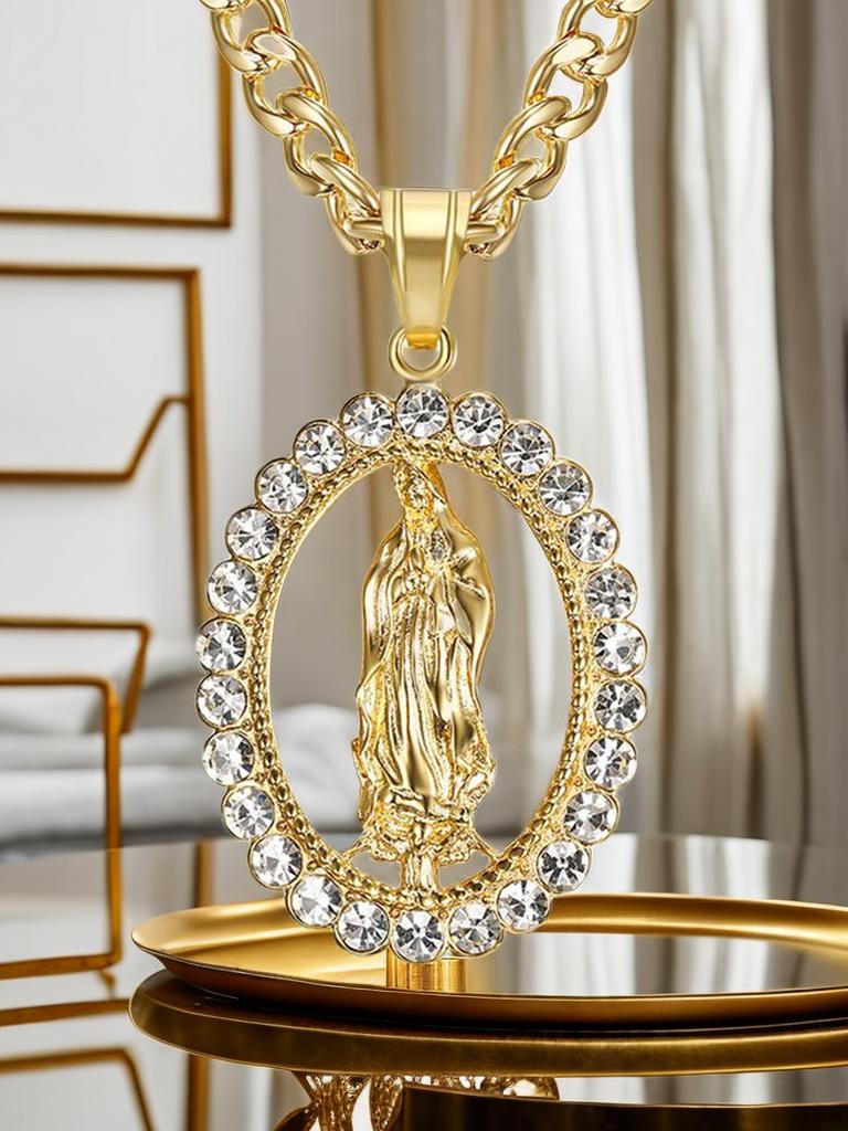 Hip Hop Iced Out Große Jungfrau Maria Halsketten Anhänger Goldfarbe Edelstahlkette Für Frauen Christlicher Schmuck Madonna XL1145