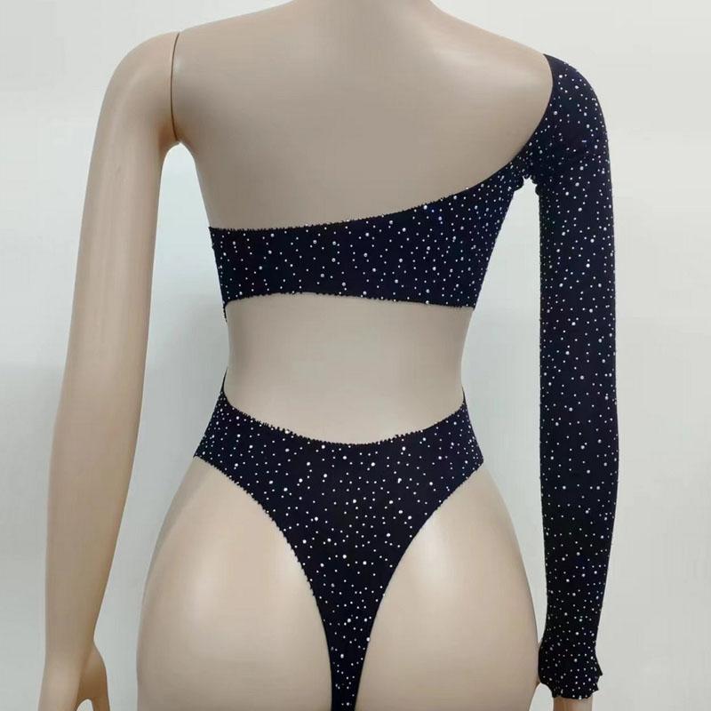 Dámské síťované průsvitné body s kamínky, třpytivé síťované spodní prádlo s výřezy, klubové body s jedním rukávem