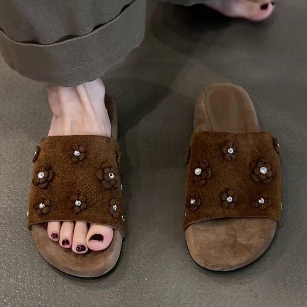 Soft Leather Version~ Fashion Flower Open-toed Cool Slippers Women's 2025 Summer New Thick-soled Outer Wear Velvet Versatile Sandals