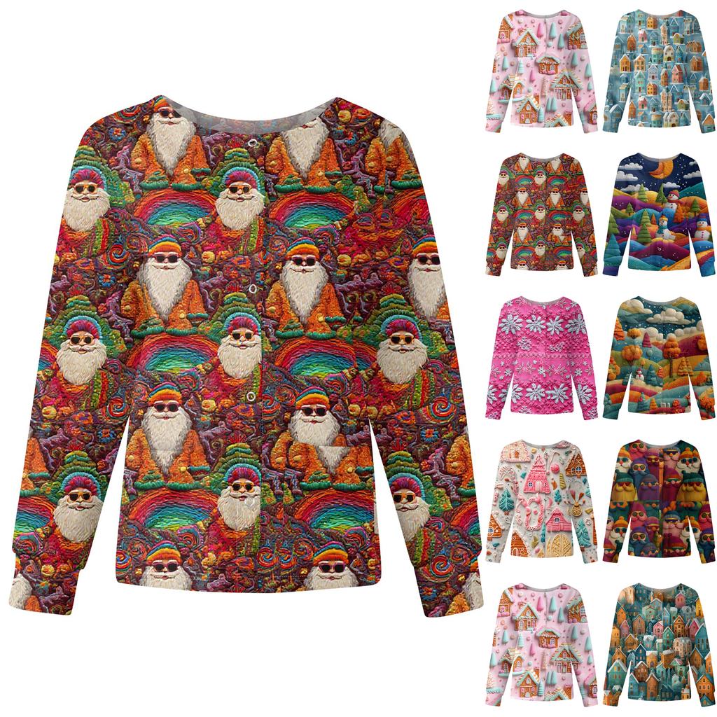 Women's Casual Fashion Long-Sleeve Single-Breasted Christmas Print Jacket