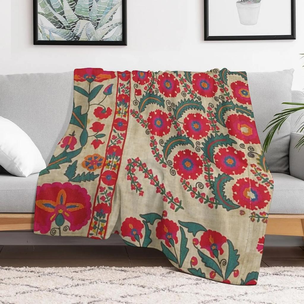 Vintage Bohemian Suzani Throw Blanket Cozy Warm Blanket for Bed Room Decor