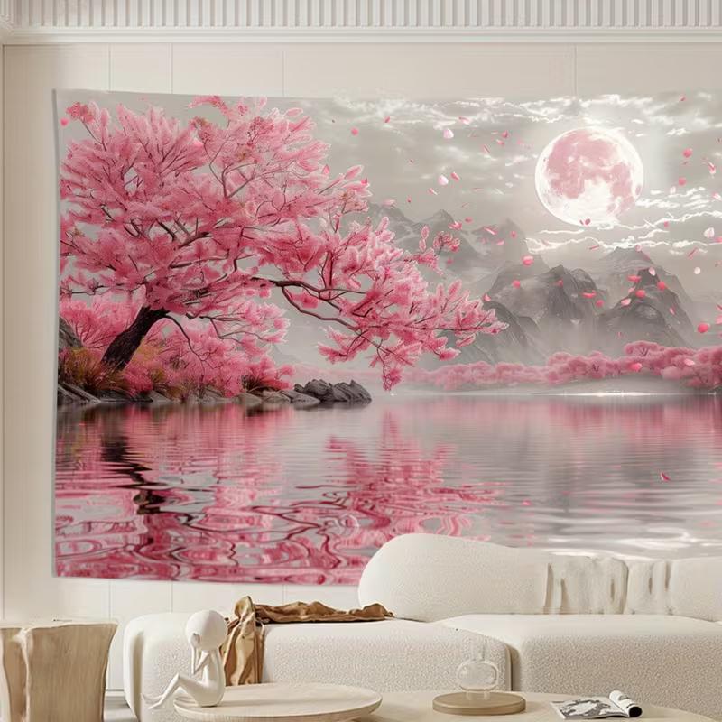 Pink Cherry Blossom Scenery Backdrop Japanese Style Lake Sakura Background for Wedding Photoshoot