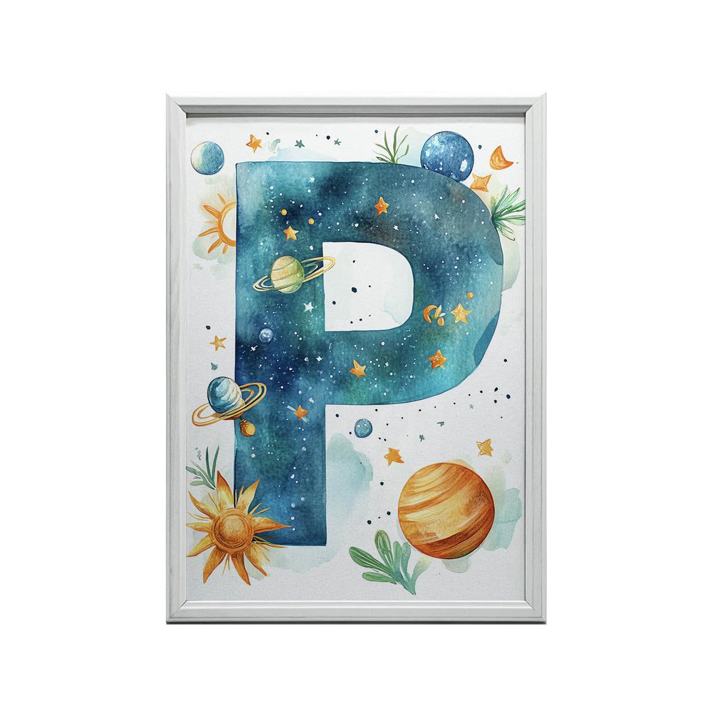 Plakat Literka P W Kosmosie Plakat Literka P W Kosmosie, 50X70 Cm, Rama Aluminiowa Złota, Papier Matowy 230 Gsm