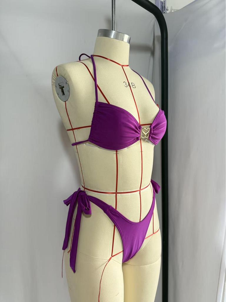 2026 European & American Sexy Lace-up Solid Color Two-Piece Bikini Swimsuit for Women
