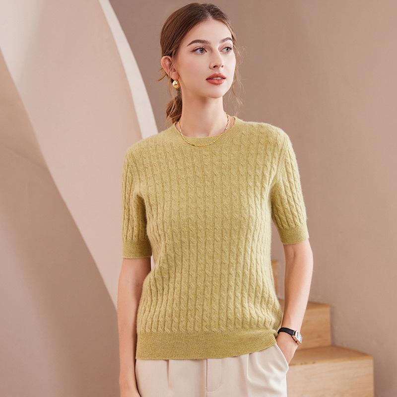 2024 A/W Women's Cashmere Round Neck Short Sleeve Hollow-Out Cable Knit Sweater Top